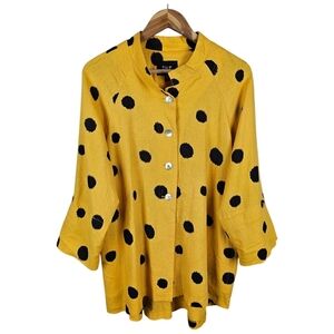 Talie Linen Blend Top Sz Large Yellow Black Polka Dot Button Up Lagenlook Casual